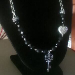 Chic Silver and Black Key Pendant Necklace